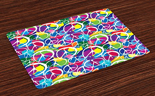 Ambesonne Retro Place Mats Set of 4, Universal Peace Sign on Colorful Pop Art Style Background Pacifist Activism, Washable Fabric Placemats for Dining Table, Standard Size, Purple Blue