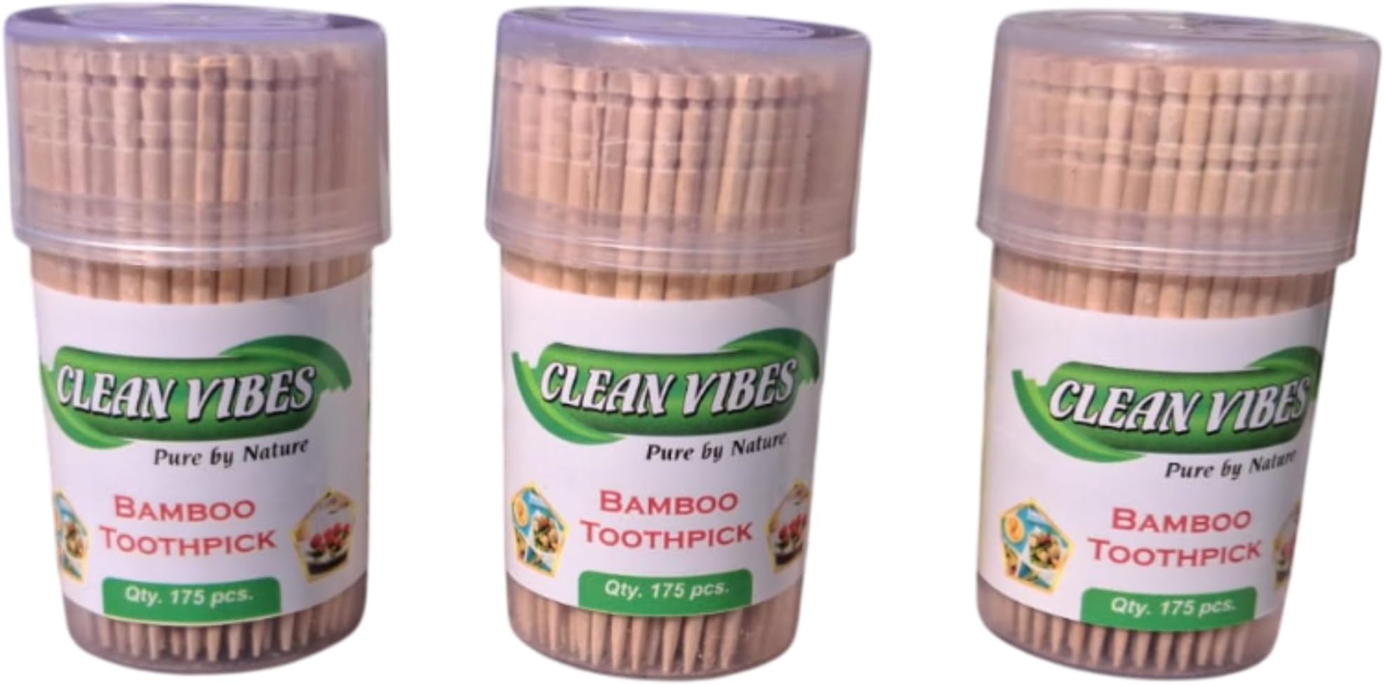 Clean Vibes Wooden Bamboo Toothpicks | 3 Packs of 85 Toothpick Sticks (525 Sticks) | 2.5 inches (65mm) | Eco-Friendly Tooth Picks | Ideal for Kitchen, Restaurants, Party, Snacks & Dental Care