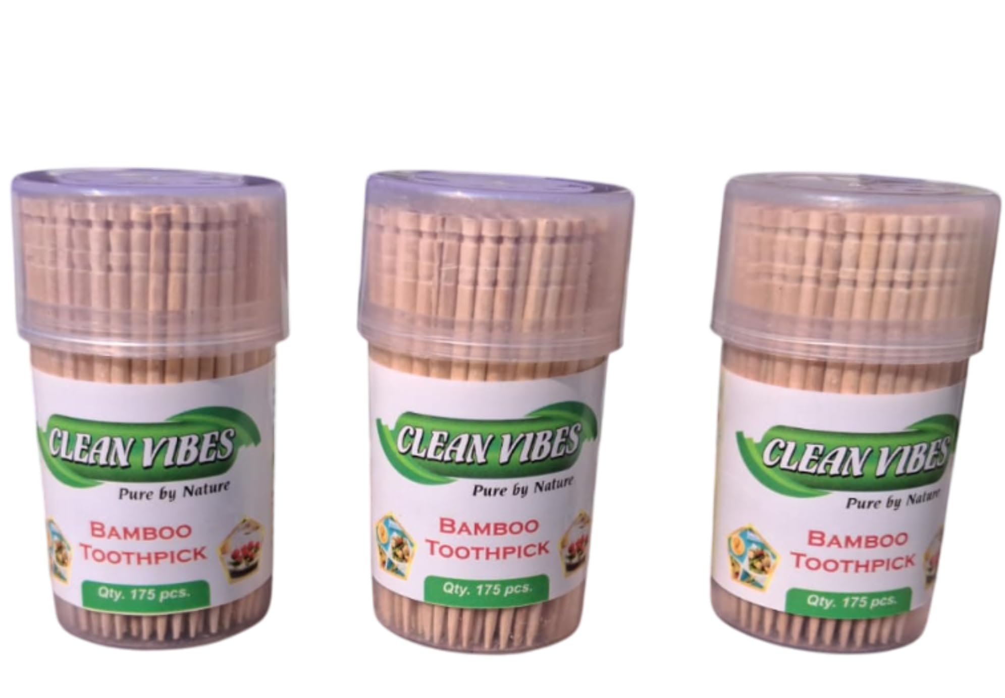 Clean Vibes Wooden Bamboo Toothpicks | 3 Packs of 85 Toothpick Sticks (525 Sticks) | 2.5 inches (65mm) | Eco-Friendly Tooth Picks | Ideal for Kitchen, Restaurants, Party, Snacks & Dental Care