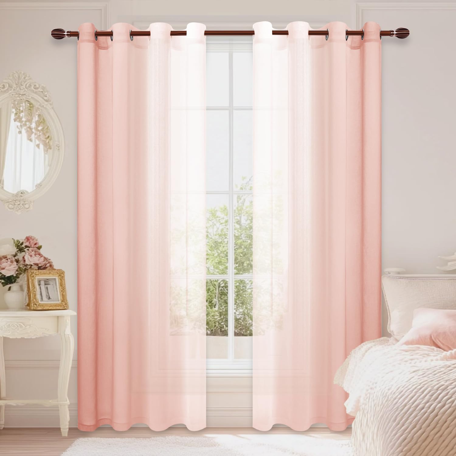 DWCN Faux Linen Ombre Sheer Curtains - Semi Voile Gradient Grommet Top Curtains for Bedroom and Living Room, Set of 2 Window Curtain Panels, 52 x 84 Inches Long, Blush — image 1