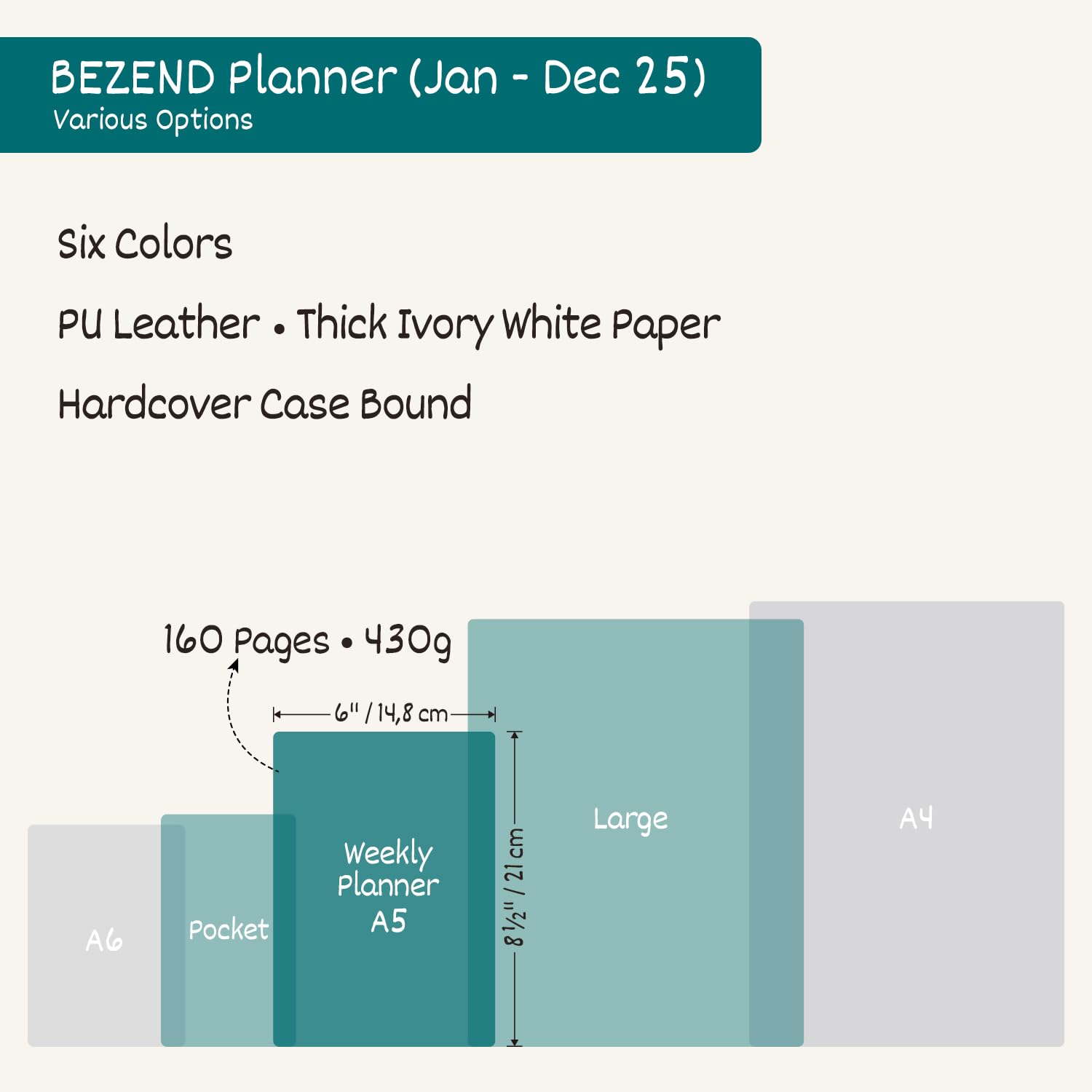 Agenda Settimanale 2025 BEZEND A5 - Planner Con Copertina Rigida, Doppia Pagina Per Settimana, Carta 100g/m&sup2;