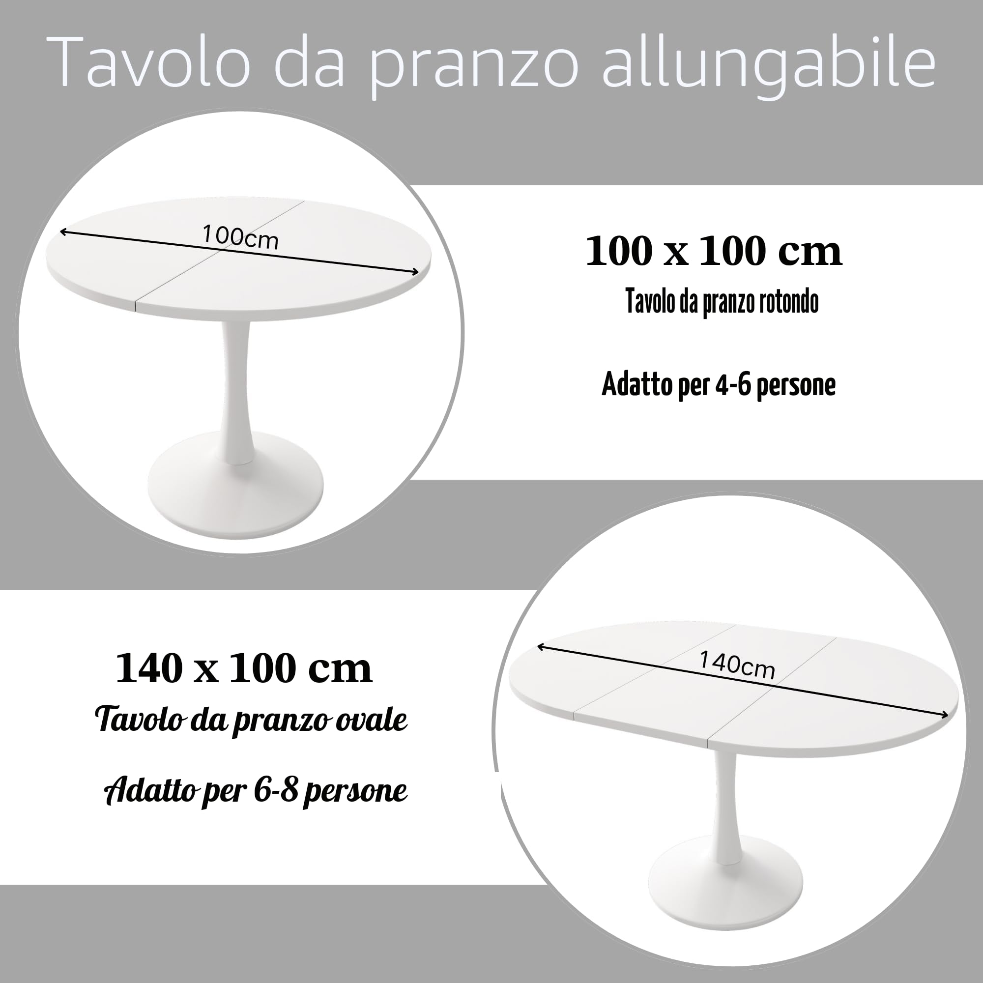 Tavolo da pranzo rotondo allungabile, tavolo da cucina 100/140 x 100 x 75 cm, tavolo da pranzo rotondo bianco per 2-6 persone, tavolo da pranzo allungabile per spazi multifunzionali