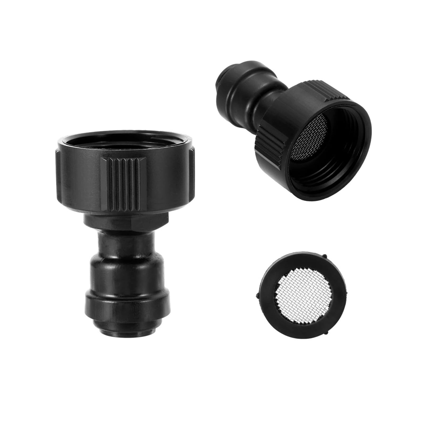 Juntas de grifo de rosca hembra de 3/4 pulgadas con filtro de malla de 8 mm, color negro, para jardín, césped, plantas, flores, riego, conectores rápidos, 1/10 unidades