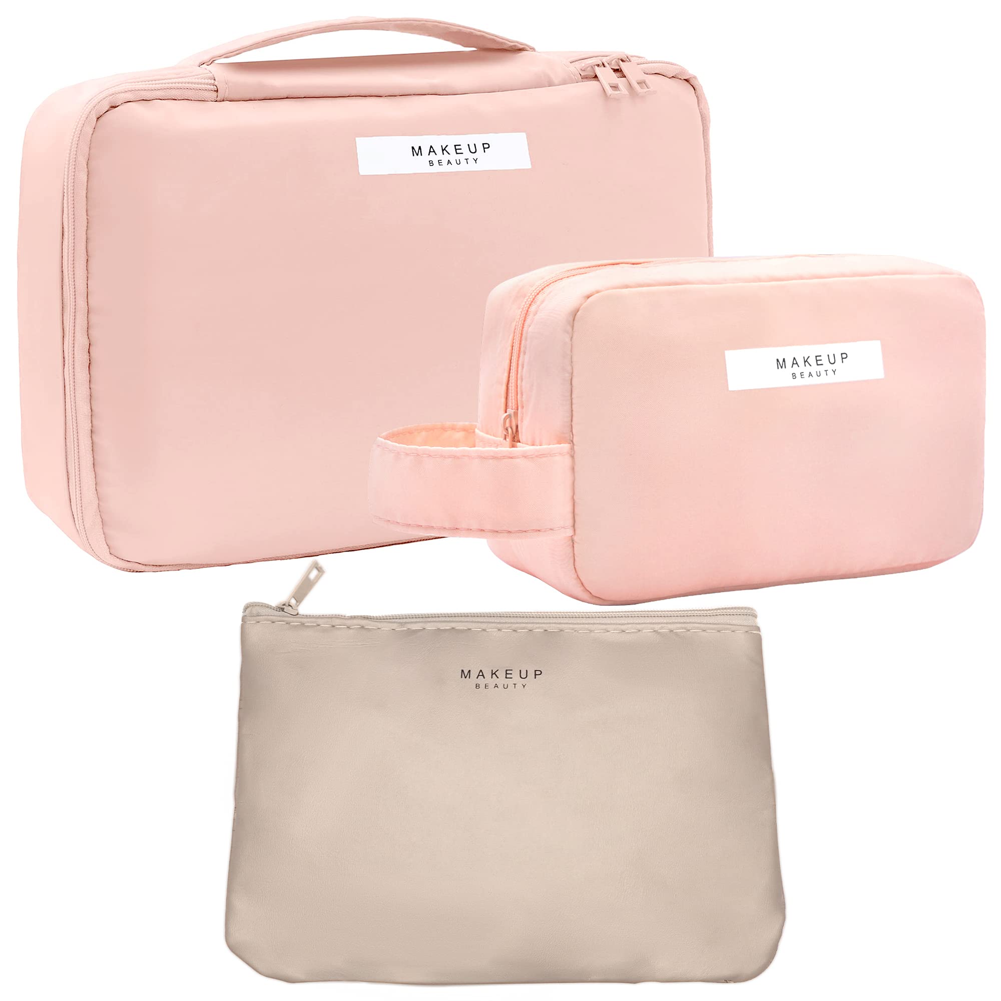 LEcylankEr 3 Piezas Neceser Maquillaje de Viaje, Bolsa de Cosméticos Portátil, Juego de Neceser de Aseo Impermeable de PU, Gran Capacidad Bolsa Aseo Mujer Establece (Rosa)