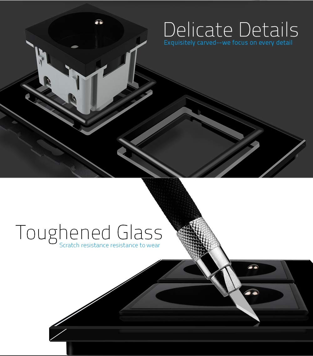 Presa Singola In Nero, 16Amp Prese Schuko In Vetro Presa A Muro Con Contatto Di Protezione Da Incasso 86mm 250v 1 Scomparto - Foto 2