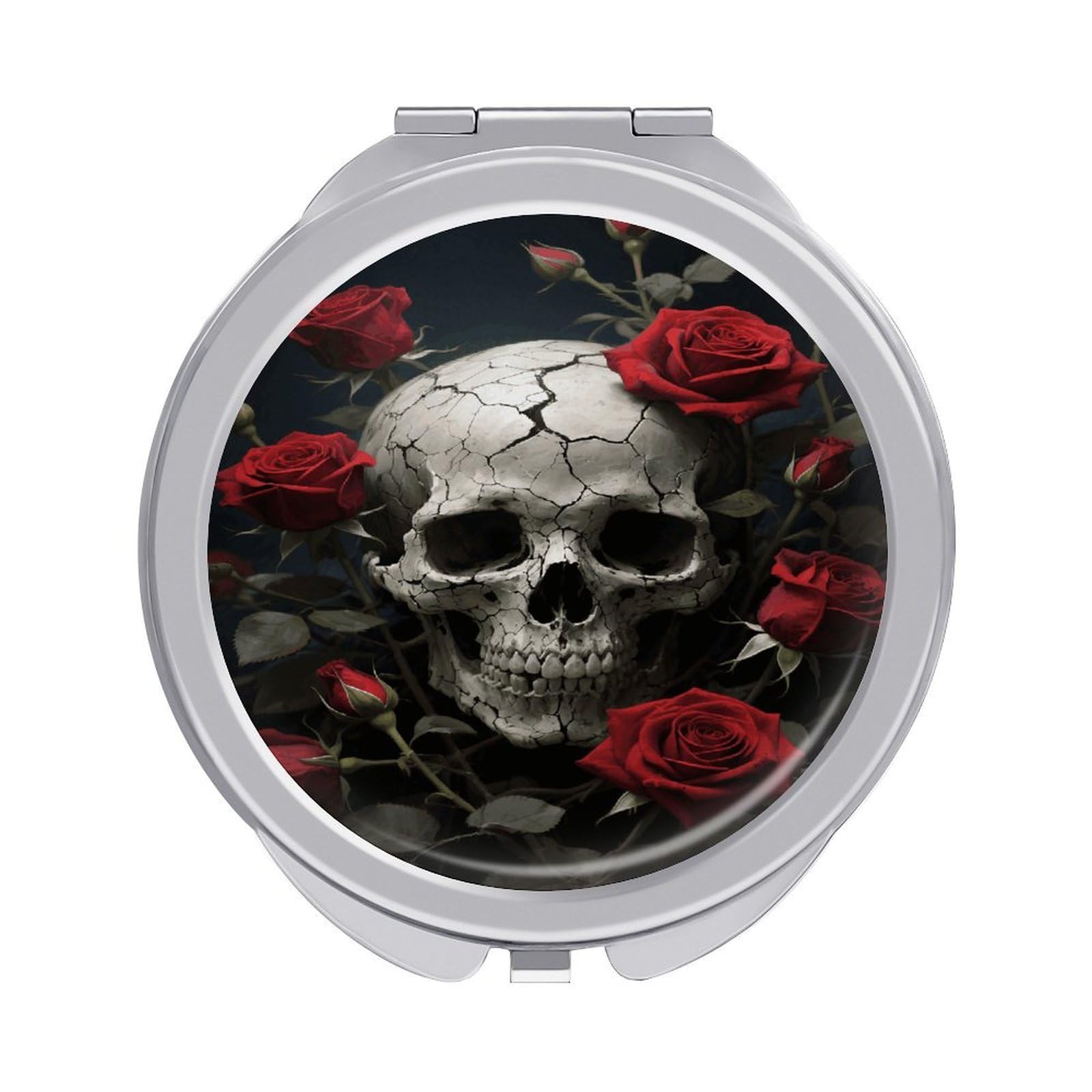 VstaDank Skull Rose Travel Makeup Mirror 2 X /1 X Magnifying Mini Vintage Pocket Mirror for Purse Small Portable Folding Small Round Mirrors Portable Vanity Mirrors for Women