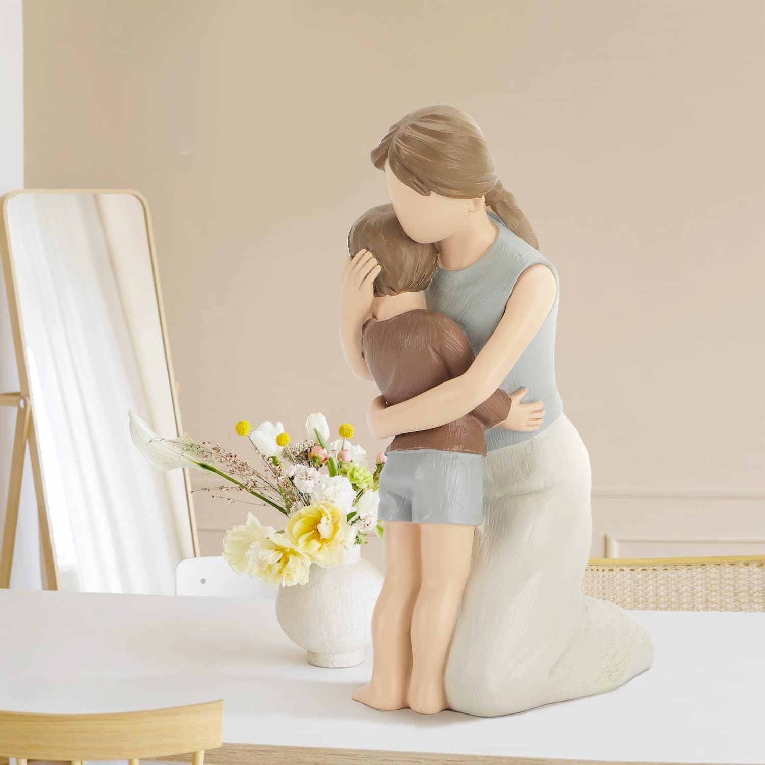 Mother and Son Figurines Statues, The Greatest Bond Mon and Child Sculptures, Sculpted Hand-Painted Figures with Gift Card for Anniversary Birthday (Ivory)