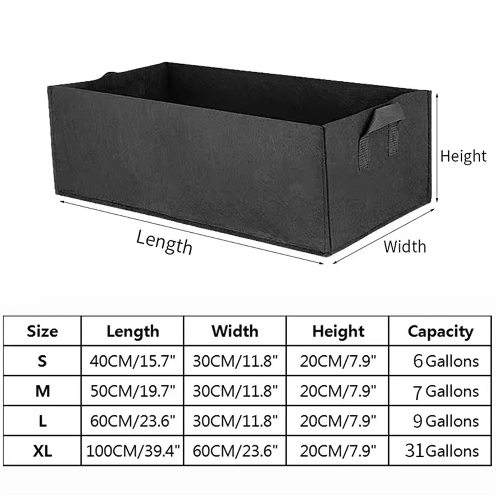 Bolsa de Cultivo Fieltro for jardín, Cama plantación elevada, Maceta Rectangular for vivero, portátil for Flores, Verduras, Tomates y Patatas, 3 uds para Verduras(Black,9 Gallons 60X30X20cm)