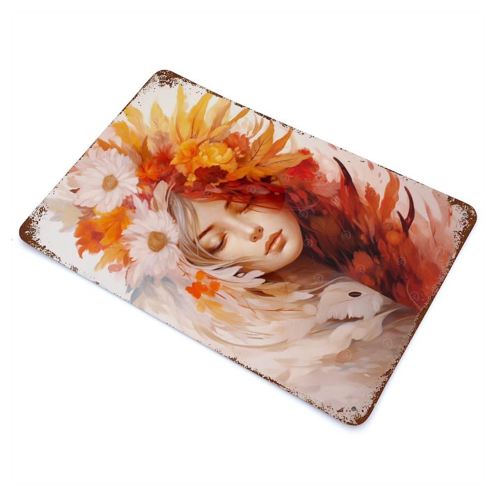 Aged Metal Wall Plaque with Mystic Feathered Beauty Design 11.8"x7.9", for Basement, Hobby Room And Garage Decor, Classic Wall Plaque