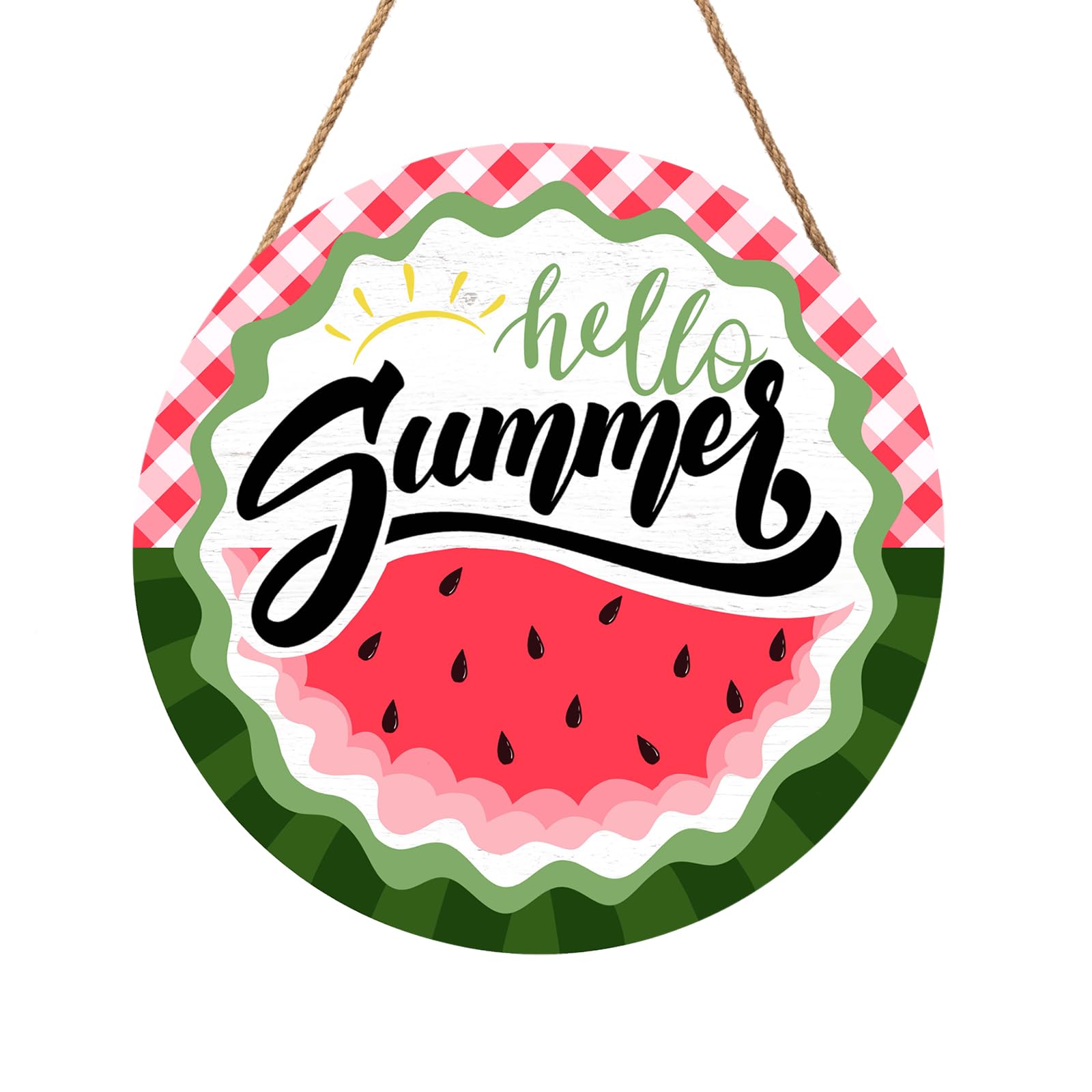Hello Summer Watermelon Door Sign Front Door Decor Summer Watermelon Door Hanger Sign Plaque Seasonal Farmhouse Metal Wreath Indoor Wall Hanging Decoration for Indoor Outdoor Outside Porch 12 Inch