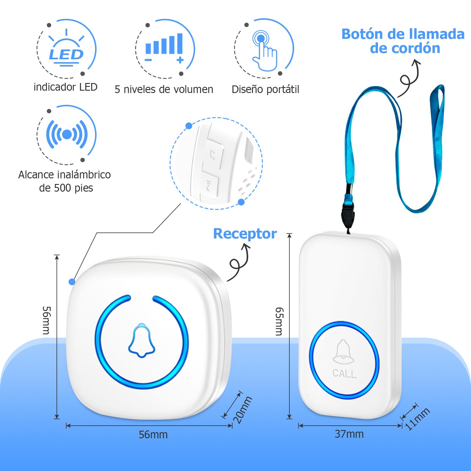 Timbre de Llamada de Emergencia para Ancianos con Vibración, Luz y Sonido (2 Emisores + 2 Receptores)