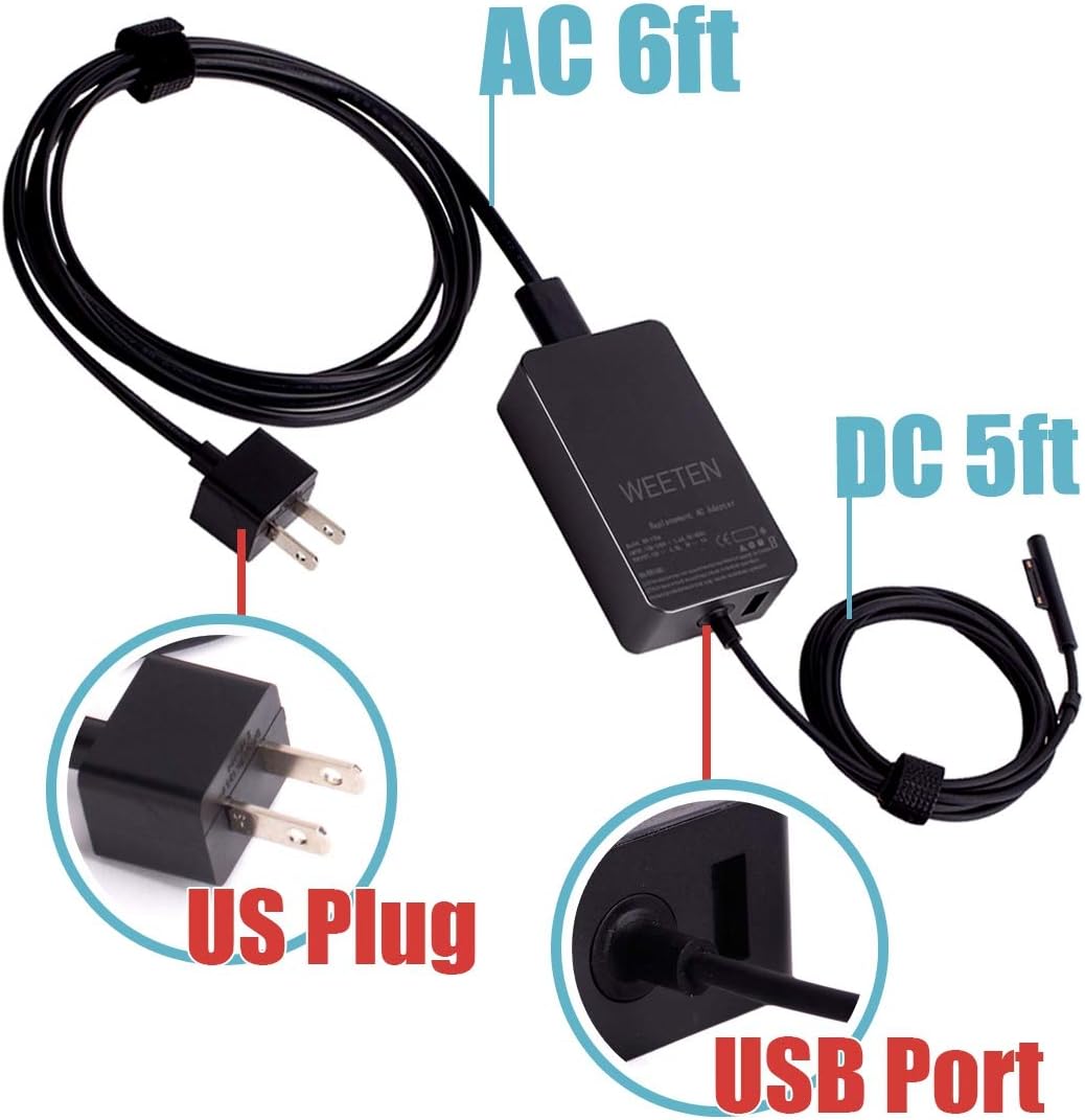 Hottest Sale WEETEN 36W 12V 2.58A Surface Power Supply Compatible for Microsoft Surface Pro 3 Pro 4 Pro 5 Pro 6, Surface Go, Windows Tablet AC Adapter Charger Replacement Cord with USB Port 1625