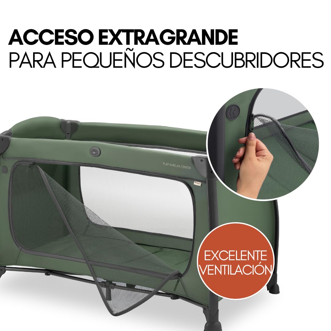 hauck Play n Relax Center Set de Cuna de Viaje Bebe con Colchon y Mosquitera | Dos Alturas para Recién Nacidos - Parque Infantil con Cambiador y Ruedas - Verde