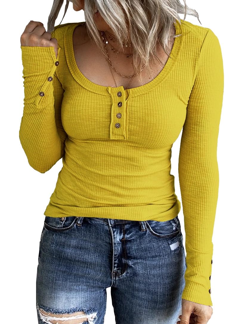 KINLONSAIR Women Long Sleeve Henley Shirts Scoop Neck T-shirt Basic Tops