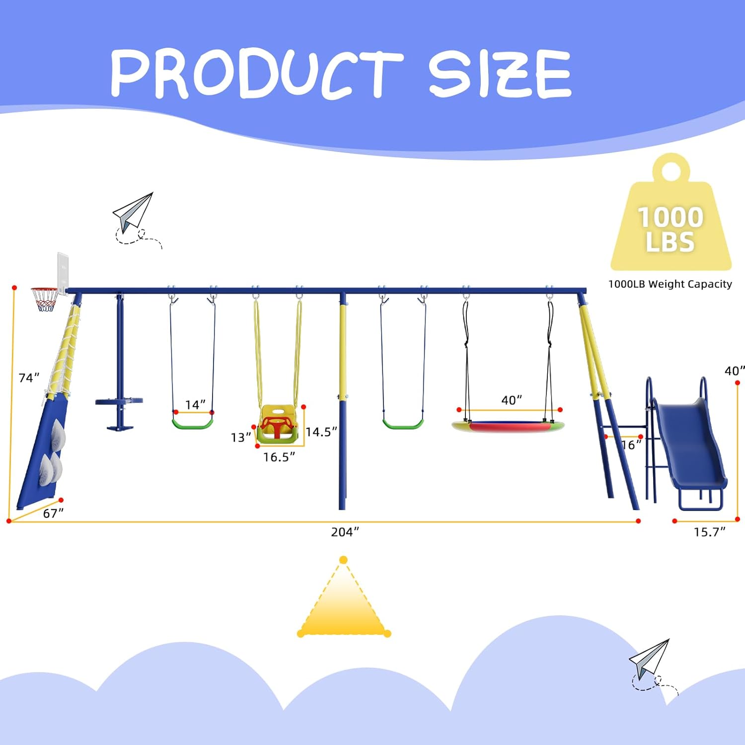 8 in 1 Swing Sets for Backyard,Metal Swing Set with Slide,Saucer Hammock,Toddler Swing,Teeter Totter,Soccer Goal & Basketball Hoop, Multi-Functional Outdoor Playset for Kids