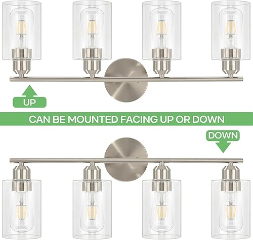 Miniatura 5 de Luupyia Lámpara de tocador de baño de 4 luces, acabado de níquel cepillado con pantalla de vidrio transparente, montaje en pared, accesorios de