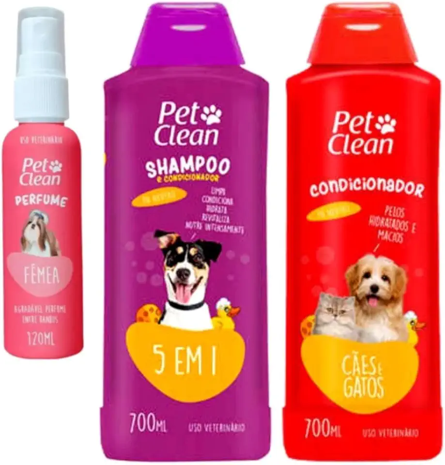 Kit Shampoo 5 em 1, Condicionador 700mL, Perfume 120mL para Cães e Gatos, Multicores, Líquido (Femea) Pet Clean