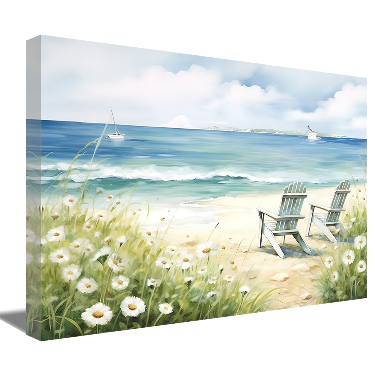 Tableau sur toile océan et chaise de plage pour décoration murale de maison