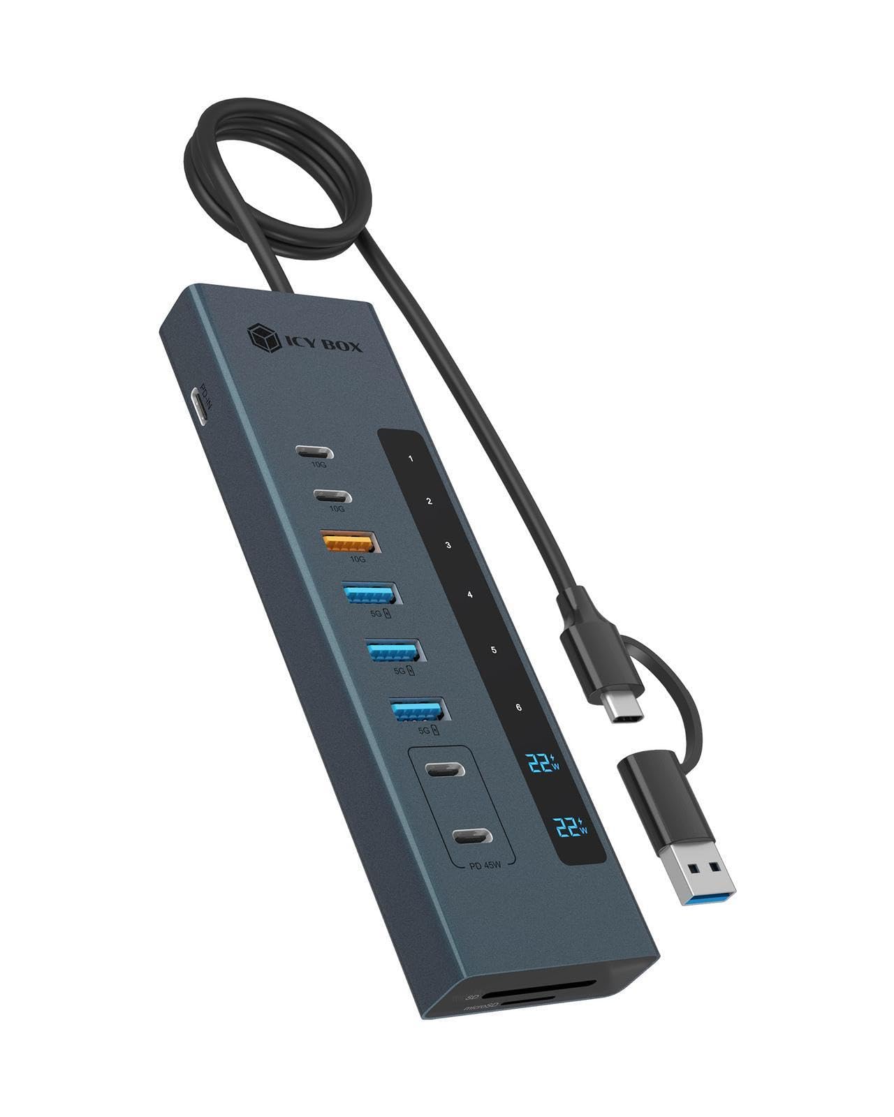Icy Box (11 en 1) Hub USB-C con Lector de Tarjetas, 2 Puertos USB-C y 1 USB-A (10 Gbps), 3 Puertos USB-A (5 Gbps), 100 W PD, SD/microSD UHS-I, IB-HUB1742CR-C2PD