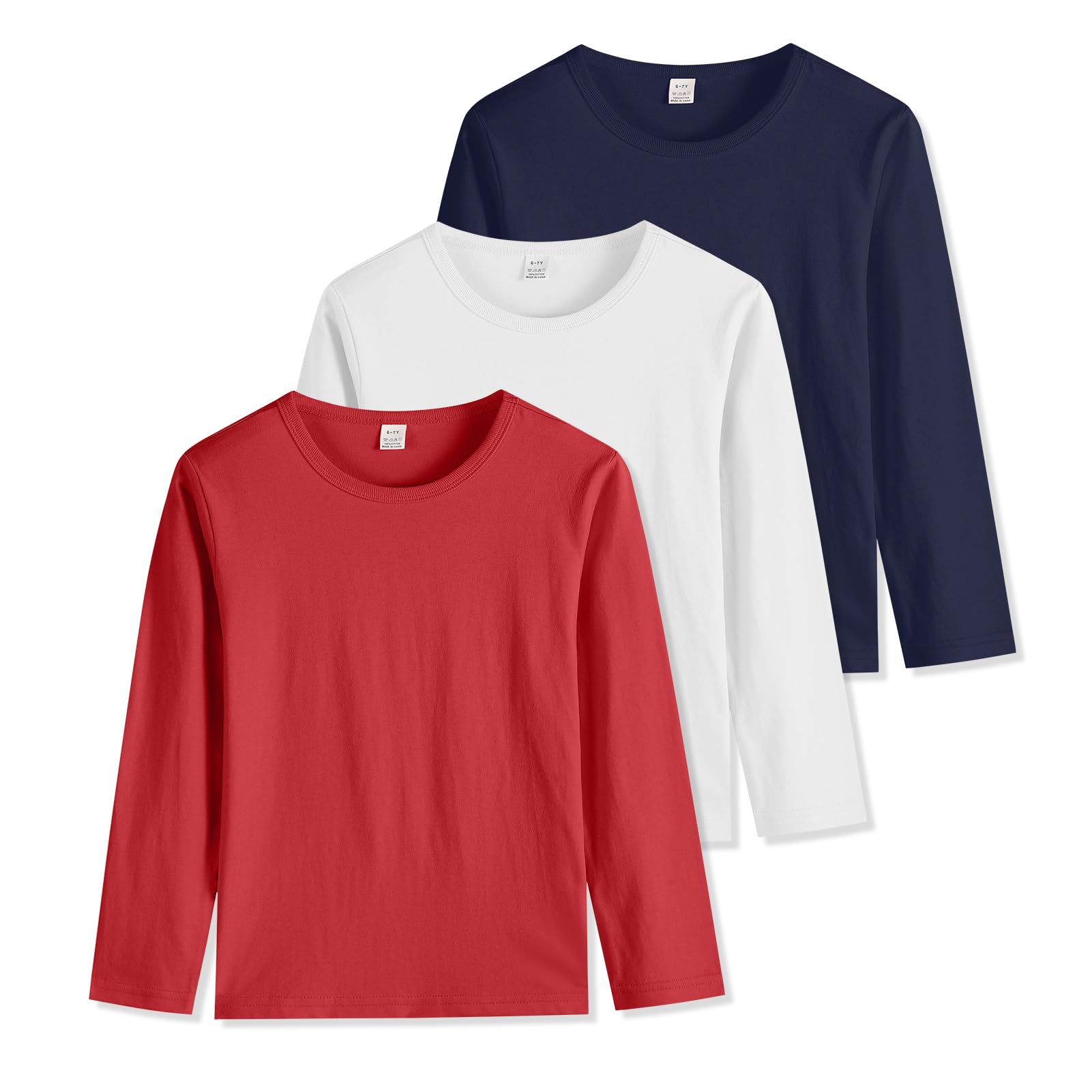 3-Pack Boys' Long Sleeve Shirts Kids Basic Long Sleeve Tees Toddlers' Crew Neck Soft Fall Tops