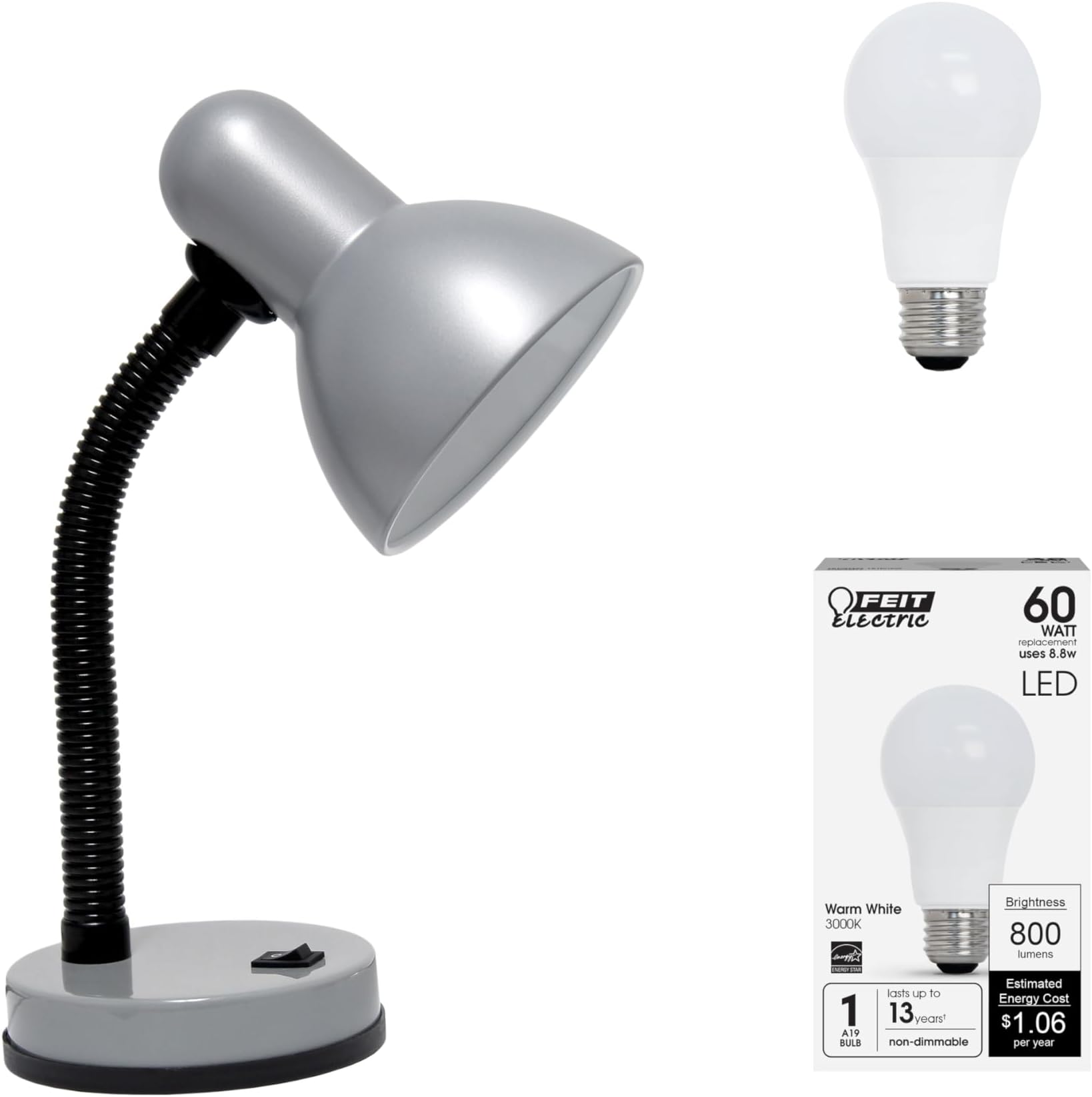 Simple Designs LD1003-SLV-LB 14.25" Basic Metal Desk Lamp with Flexible Hose Neck for Office, Living Room, Bedroom, College Dorm, Bookshelf, Silver, with Feit LED Bulb Included