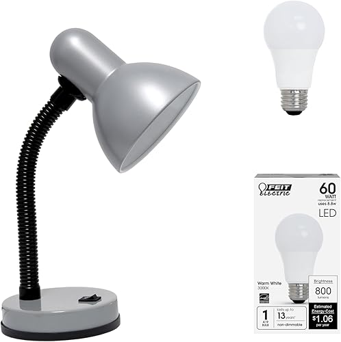 Simple Designs LD1003-SLV-LB Lámpara de escritorio básica de metal de 14.25 pulgadas con cuello de manguera flexible para oficina, sala de estar,