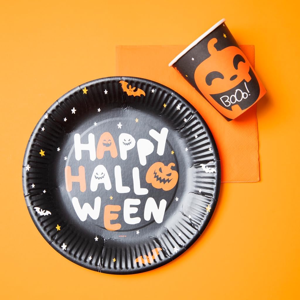 Folat 23870 23870-Happy Halloween Booo Plates 23 cm Pack of 8 Black Orange Pumpkin Bar Decor Party Supplies, Multicoloured