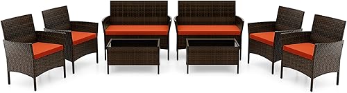 Miniatura 30 de RELAX4LIFE Juego de muebles de patio de 4 piezas – Juego de muebles de ratán para conversación al aire libre con cojines, mesa de centro de cristal