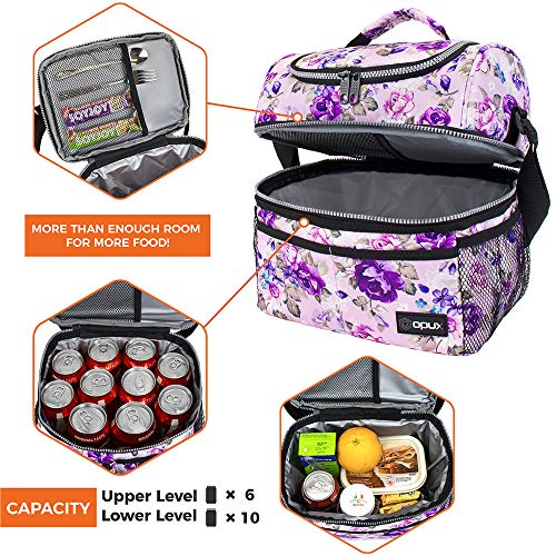 Opux Lunch Box For Women, Insulated Large Lunch Bag Adult Work, Double Decker Lunchbox Meal Prep, Dual Compartment Leakproof Lunch Cooler, Soft Lunch Pail Tote For Girls Kids School, Floral Purple #TOP2