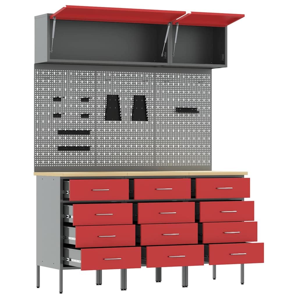 Zestaw szafek roboczych z szufladami w kolorze czerwonym ze stali malowanej proszkowo i materiału drewnopochodnego 150 x 55 x 200 cm 8-częściowy ze stołem warsztatowym, szafka na narzędzia