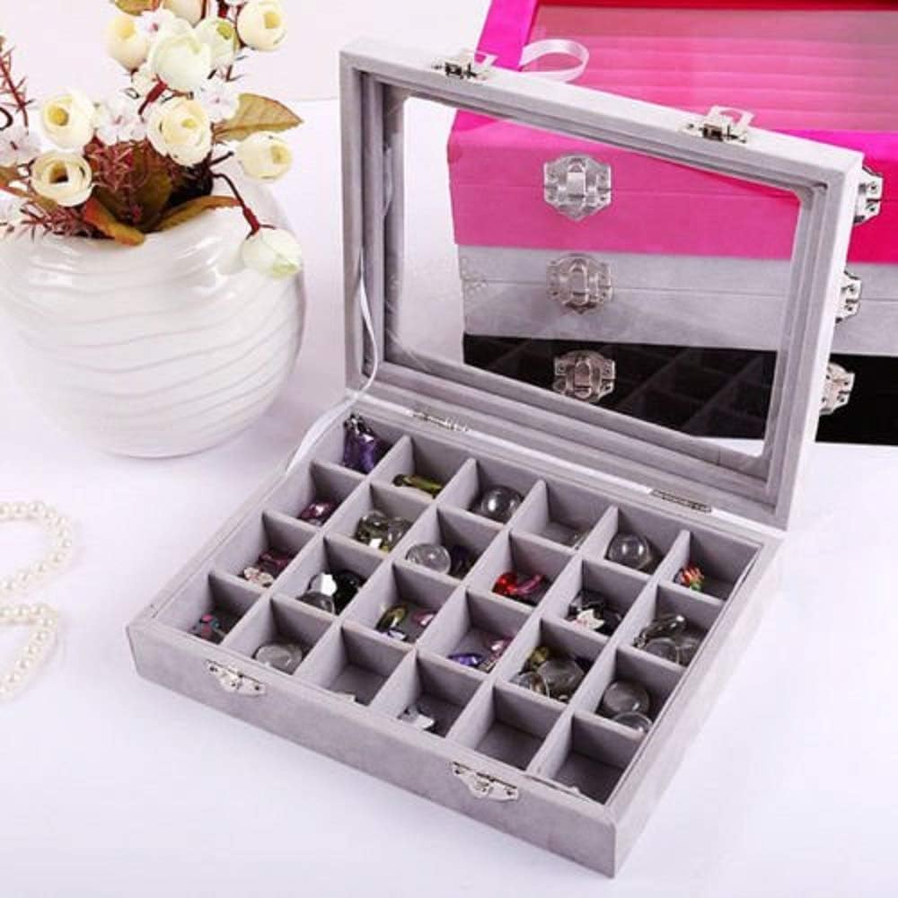 24 Grids PU Velour Leather Multipurpose Jewellery Storage Box Ring/Earrings/Necklace Tray Display Case Organizer - Grey