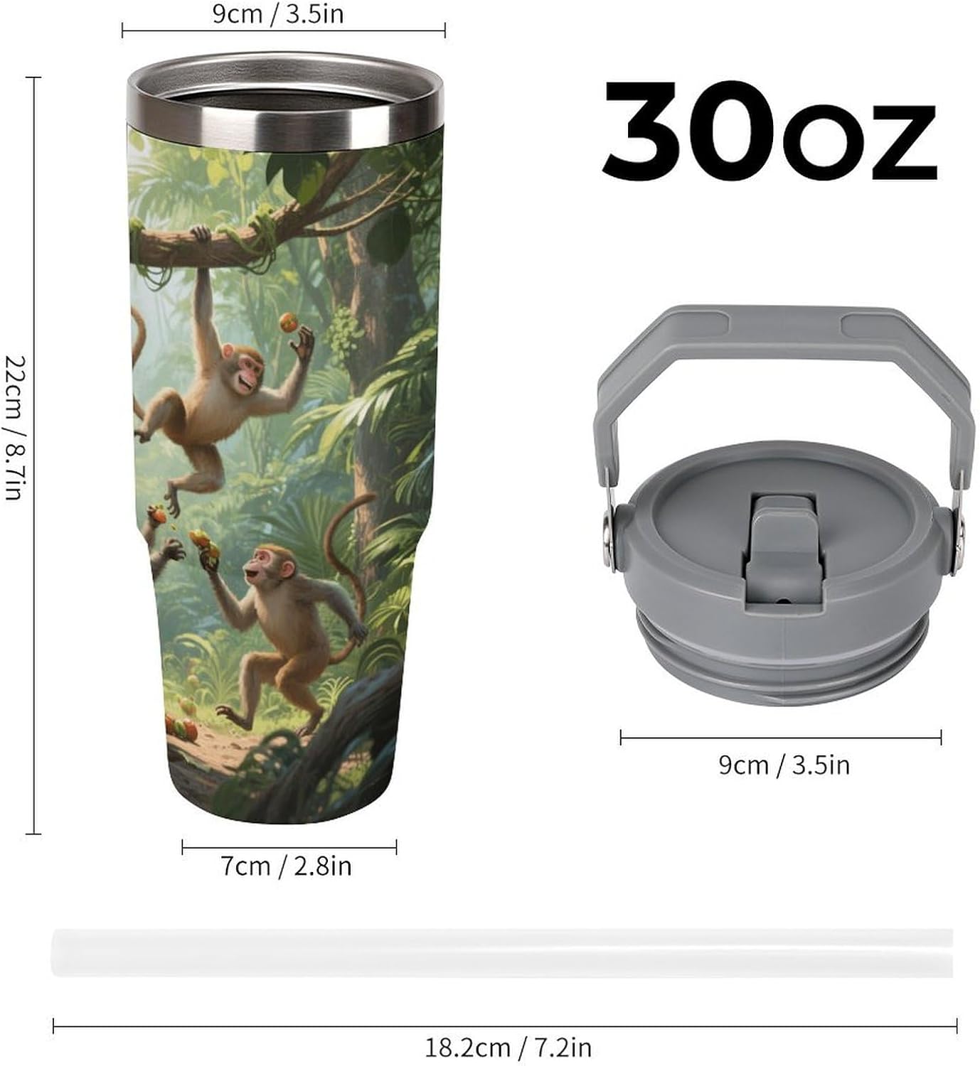 30 Oz Insulated Mug with Handle Lid And Straw Monkeys Playing in The Trees Pattern Large Metal Sports Bottle Great for Gifts Parties Office Coffee