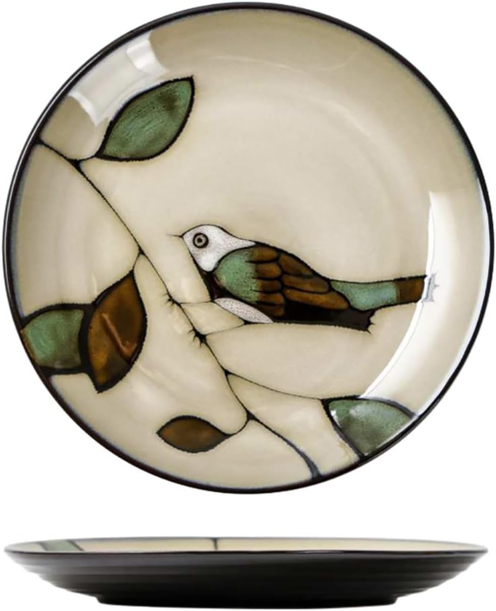 Japanese ceramic round flat home underglaze retro breakfast plate -8.3-inch smart bird plate (G-082)