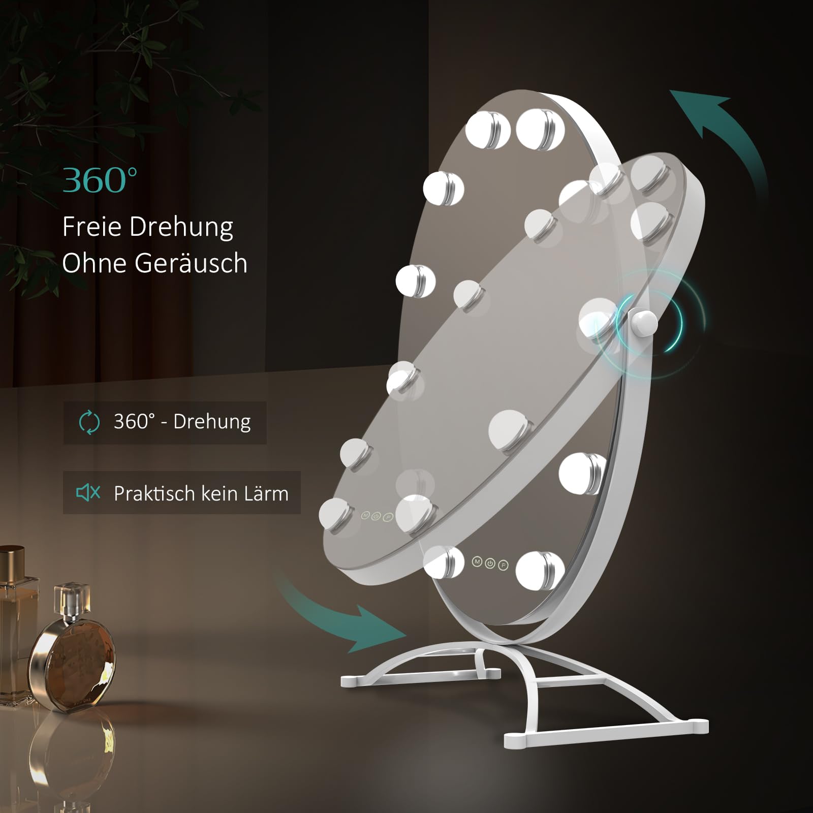 EMKE Hollywood Spiegel rund 50cm, Weiß, 3 Lichtfarben | Schminkspiegel mit Beleuchtung, 360 Grad drehbar, 9 LED Lampen, dimmbar, Speicherfunktion, Kosmetikspiegel für Schminktisch