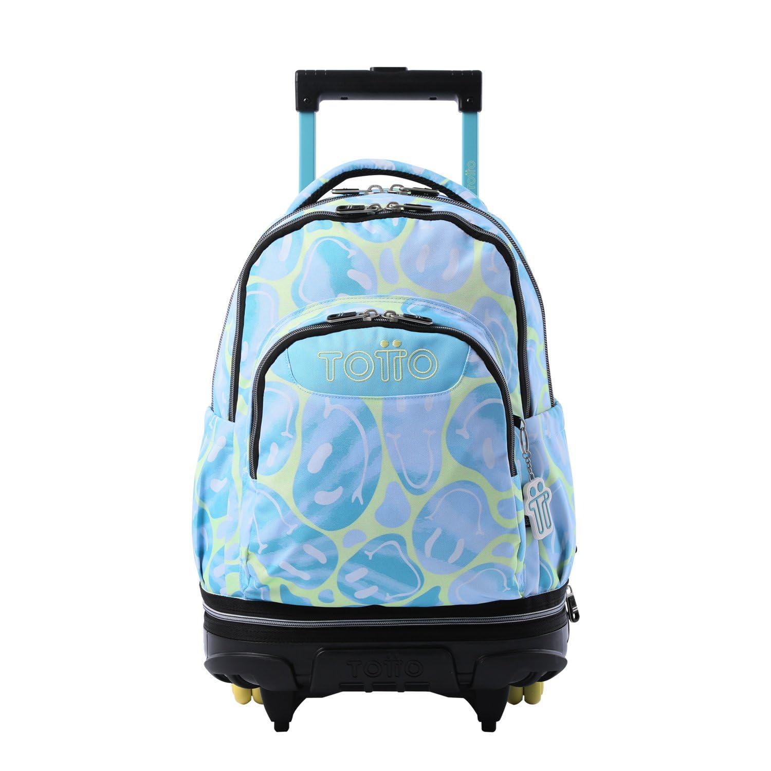 TOTTO Mochila Escolar con Ruedas Desmontables, Modelo Tiza, Capacidad 26 L, Mochila PC 15.4", Bolsillo Botella, Manija Telescópica, Espaldar Ergonómico y Correas en S, Estampado Happy Flow Azul