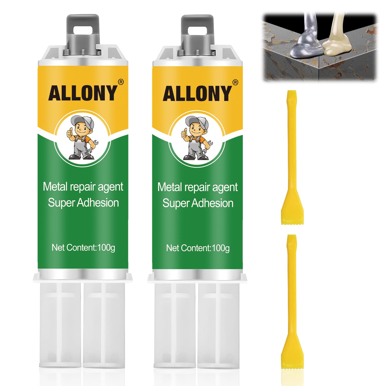 Allony Colla Bicomponente per Metallo, 2 Pezzi Metal Repair Paste, Bicomponente per Metalli, AB Colla Metallica, Pasta per Riparazione Metallo Saldato per Acciaio, Ghisa (100G*2)