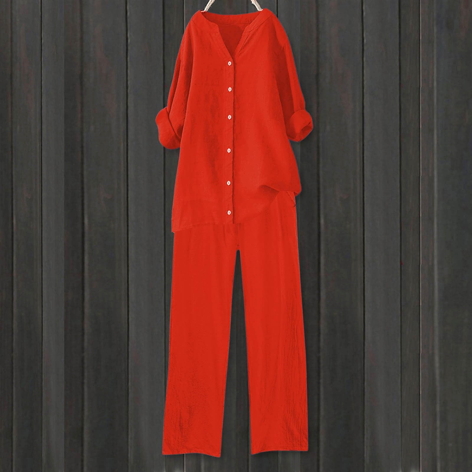 Abito Estivo Donna Lino Completo Casual Cotone Tuta Lino Tute da Ginnastica Taglie Forti Elegante Larghi Camicia + Pantaloni Palestra Curvy Set Due Pezzi Comodo Primavera Maniche 3/4 Set Spiaggia