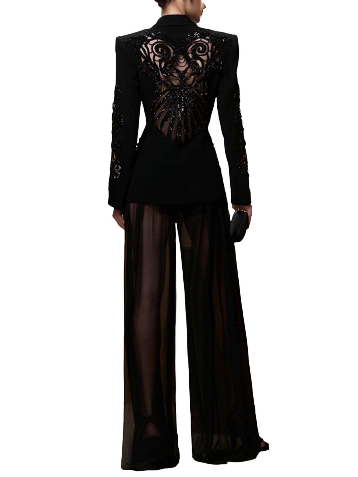 Womens Designer Suit Set Female Gauze Patchwork Sequins Beaded Blazer Chiffon Pants 2cs Set for Party Outfits