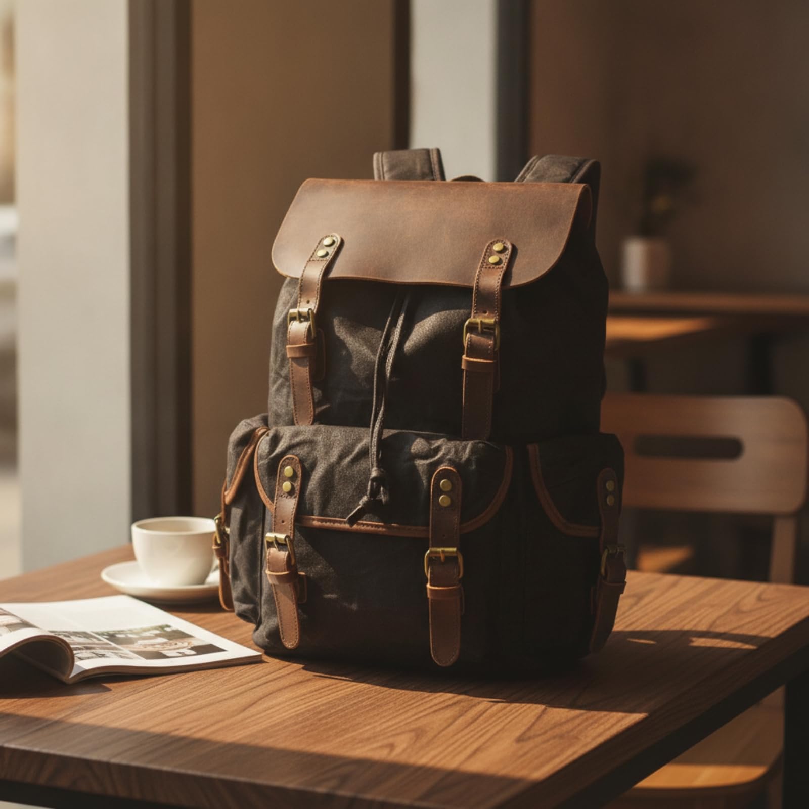 Zaino da Viaggio in Tela Cerata Zaino Borsa Sacca Rucksack Robusto con Scomparto Principale a Coulisse con Cinturini Spallacci Comodi E Manico, Array, Verde Militare