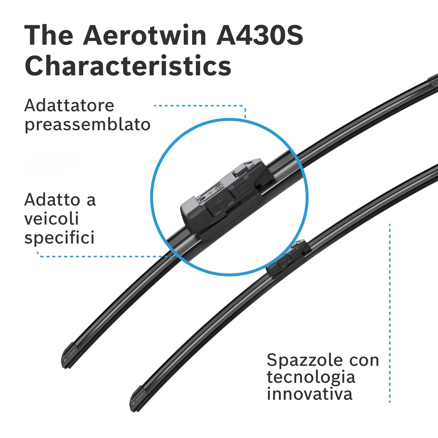 Tergicristalli Bosch Aerotwin A430S, Lunghezza 600mm/530mm, 1 set per parabrezza anteriore