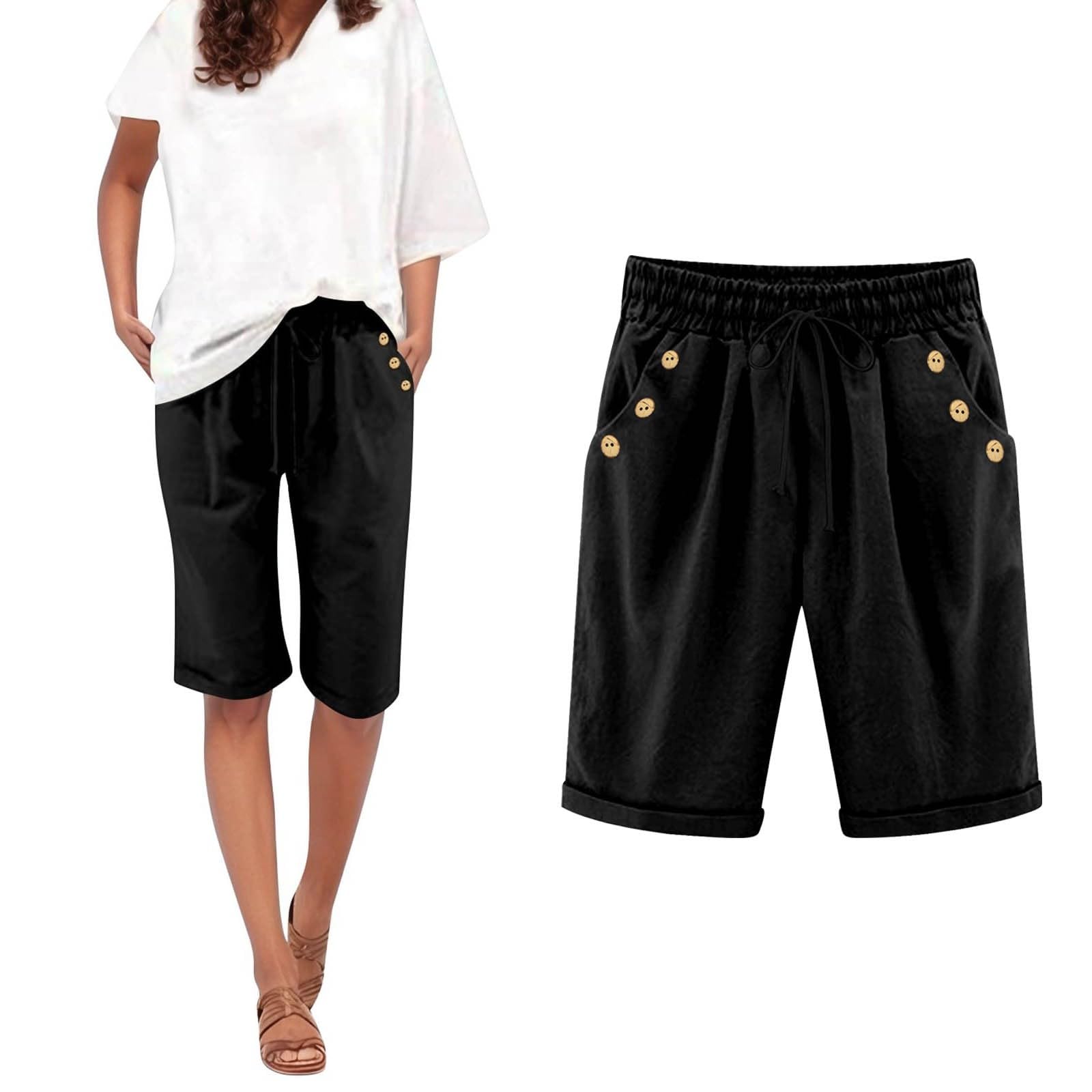 Bermuda Shorts for Women Knee Length Plus Size High Waist Short Pants Casual Drawstring Summer Shorts with Pockets(Black,X-Large)