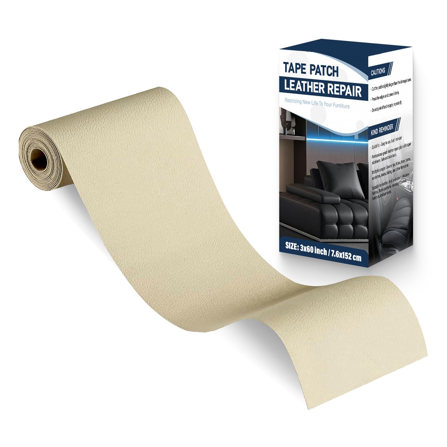 Photo 1 of Zenyao Leather Repair Patch Tape - Self-Adhesive, 3x60 Inch, Off White