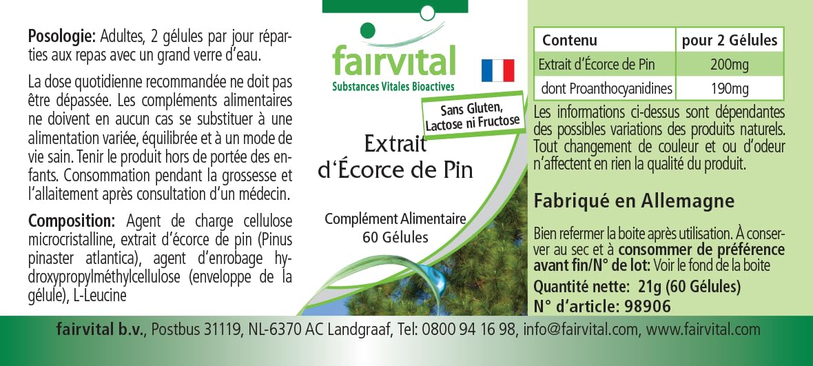 Fairvital | Estratto di corteccia di pino 100 mg - 180 capsule (60 x 3) - ad alto dosaggio - Pinus pinaster atlantica - 95% proantocianidine - VEGAN
