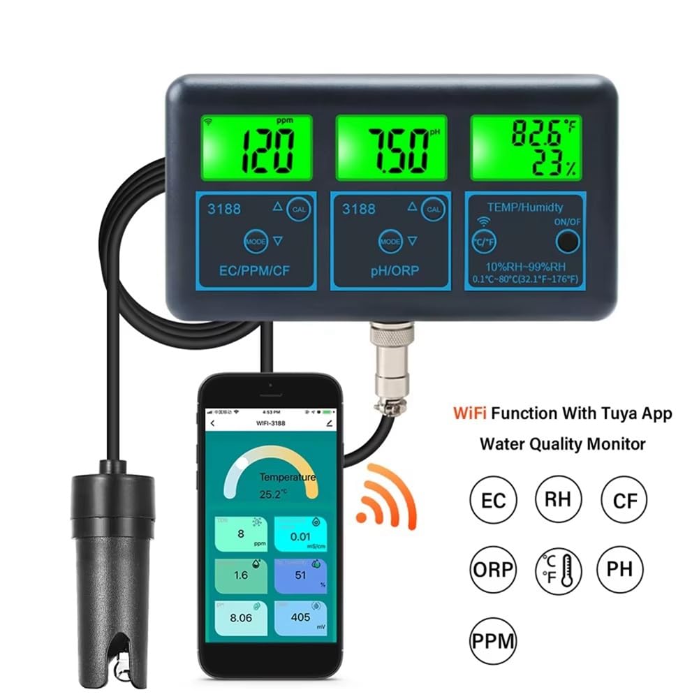 Breeshy Tuya WiFi 7 In1 Tester di Qualità 'Acqua Analizzatore di Acqua Multi-Parametro PH/ORP/EC/PPM//Umidità/Temperatura Monitor Metro Spina EU