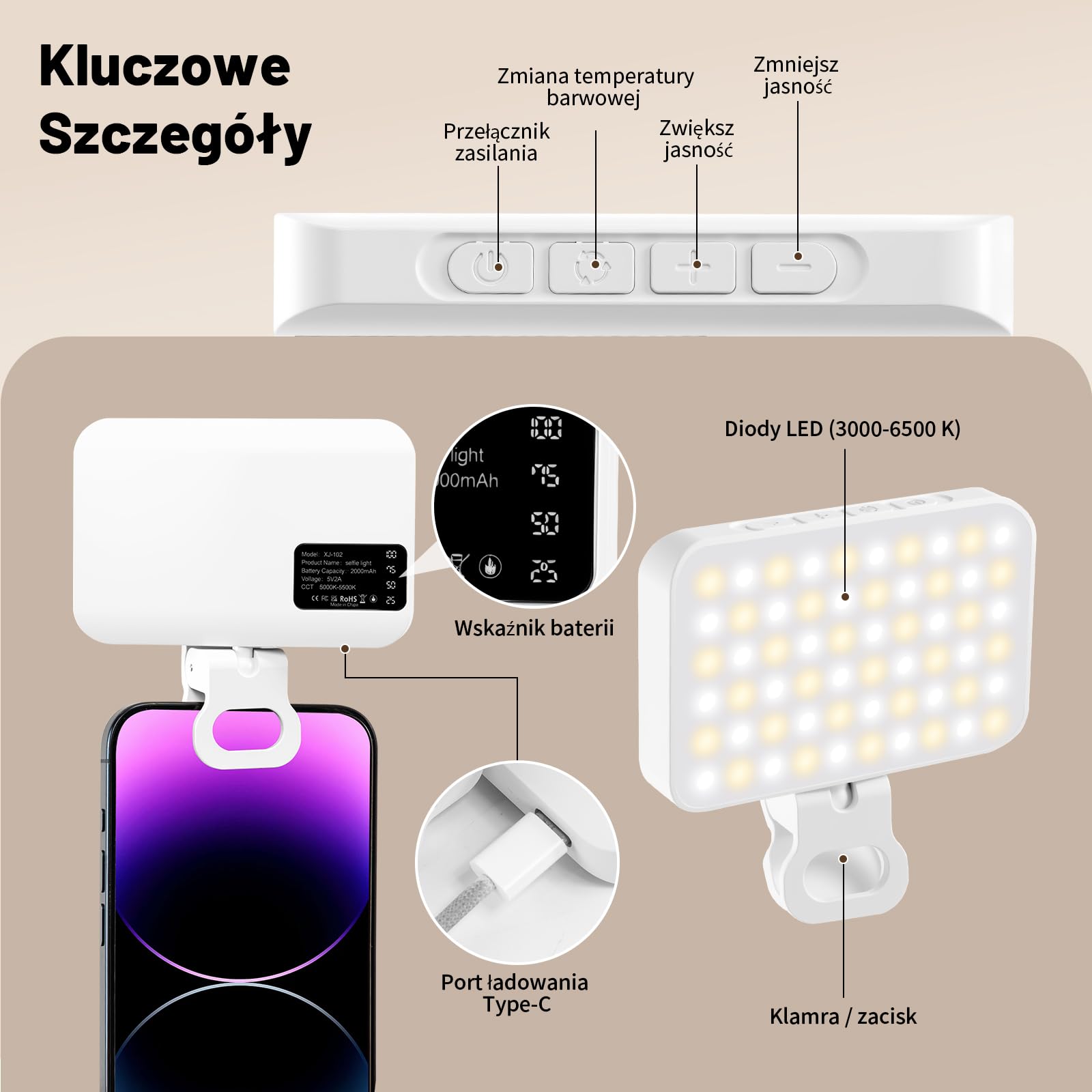 OUSFOT Lumiere Telefon z 3 trybami oświetlenia, 3000-6500K, 10 poziomów jasności do telefonu z baterią 2000 mAh z klipsem, do telefonu, aparatu, komputera