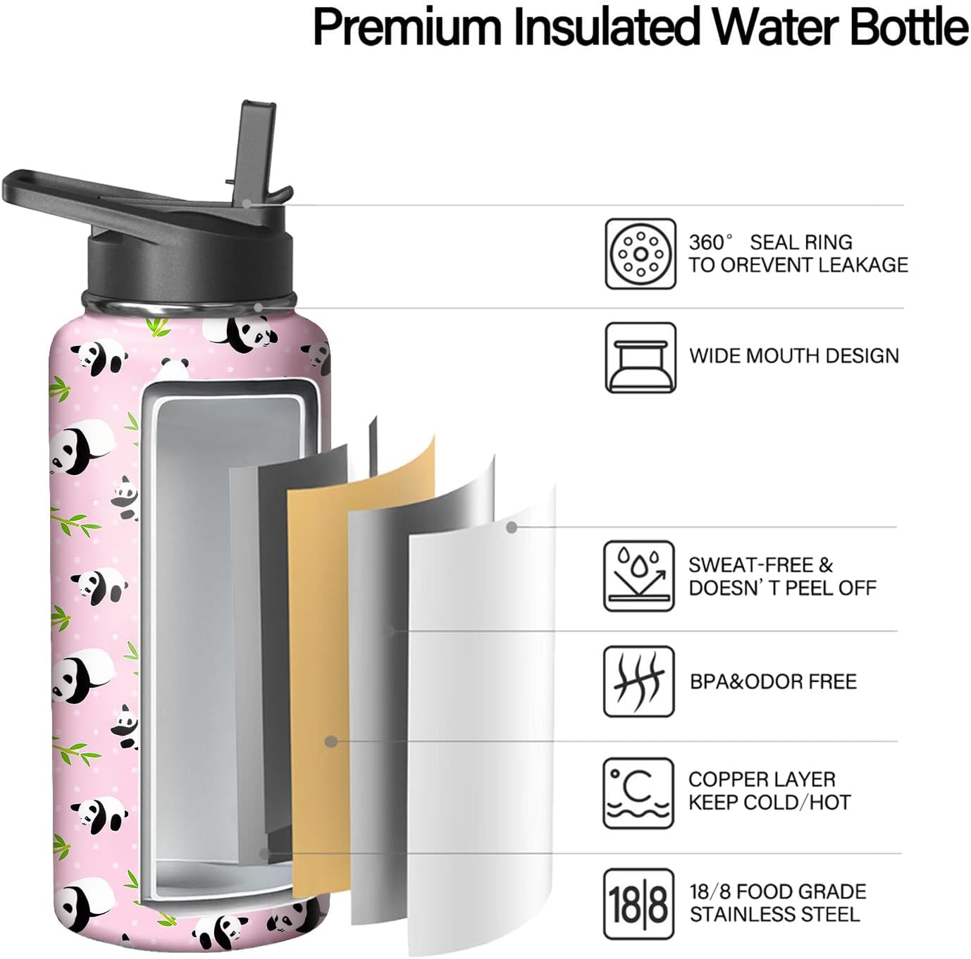 32oz Pink Panda Water Bottle with Handle and Flip Straw, Sports Stainless Steel Insulated Cup Travel Coffee Mug Tumbler, Birthday Mothers Day Chritmas Gifts for Women - Image 3