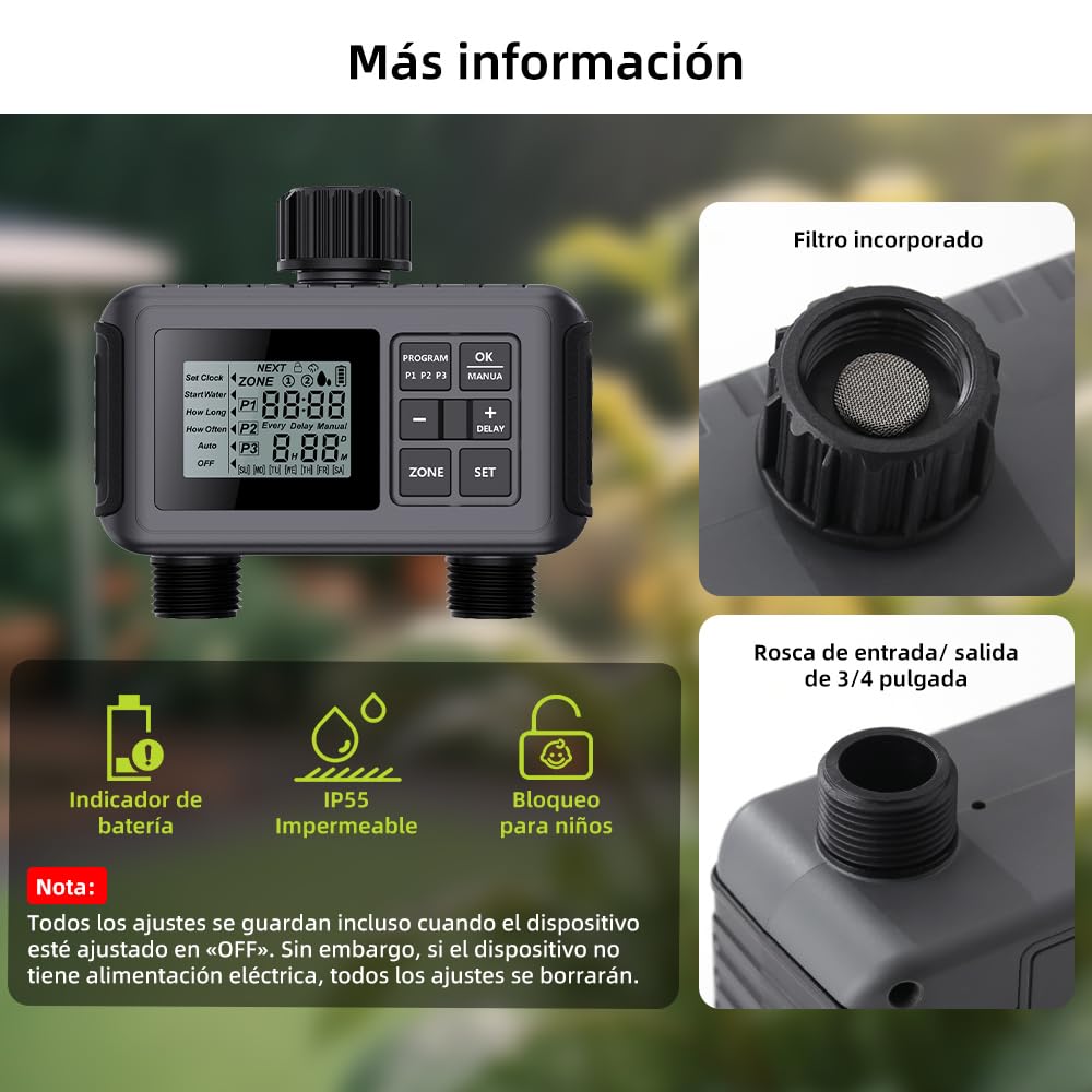 Uzoli Programador riego 2 Salidas, Temporizador de riego automático a Pilas | Programación independiente para 2 zonas • Retraso por lluvia • Modo manual • Para jardín, césped, huerto elevado, invernadero