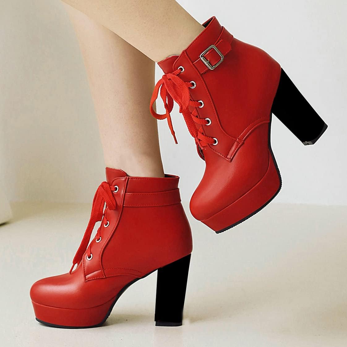 UniqueStride Womens Lace up Block Heel Platform Ankle Boots Chunky High Heel Booties Buckle Autumn Winter Short Boots