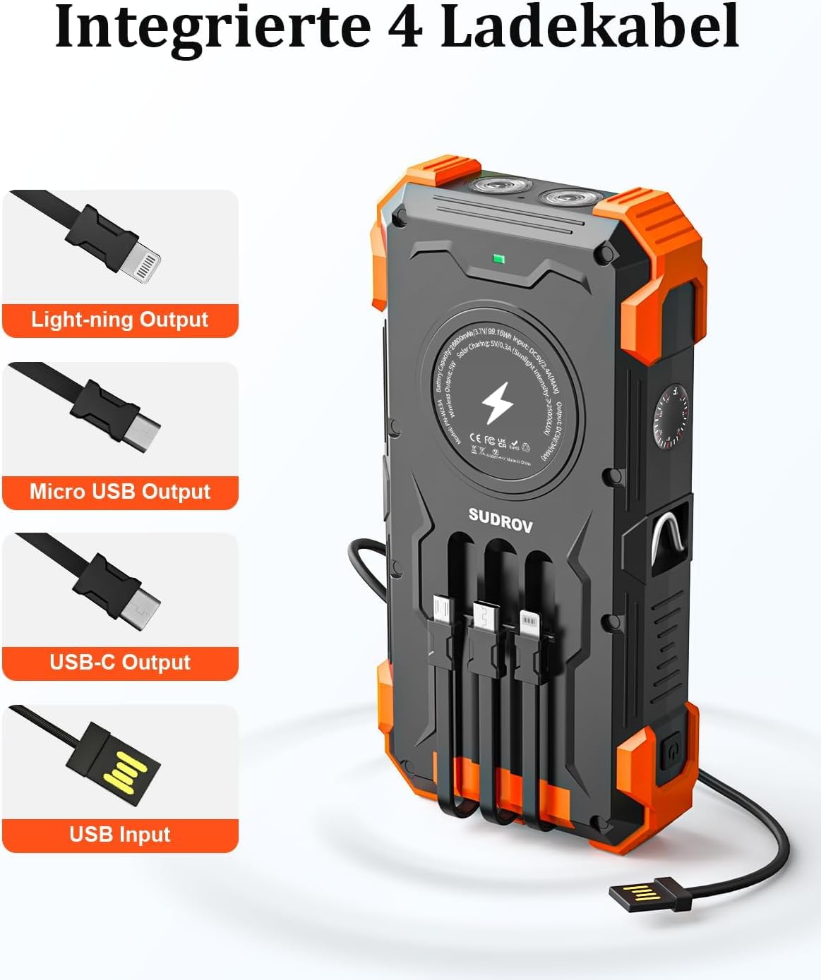 Power Bank Solaire 26800mAh - Chargeur Portable avec 4 Câbles Intégrés, USB-C Rapide, Charge sans Fil, LED Torche, pour Téléphones, Tablettes & Camping