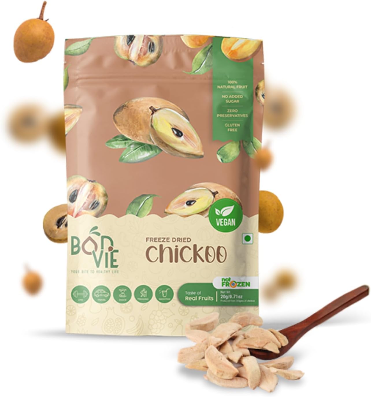 Bonvie Chikoo Dried Fruit| Freeze Chikoo Fruit| Frozen Chikoo| Dried Chikoo| Sugar-Free| Vegan| 100% Natural| Chikoo Chips| Freeze-Dried Chikoo Snack| Gluten-Free| Healthy Snacks